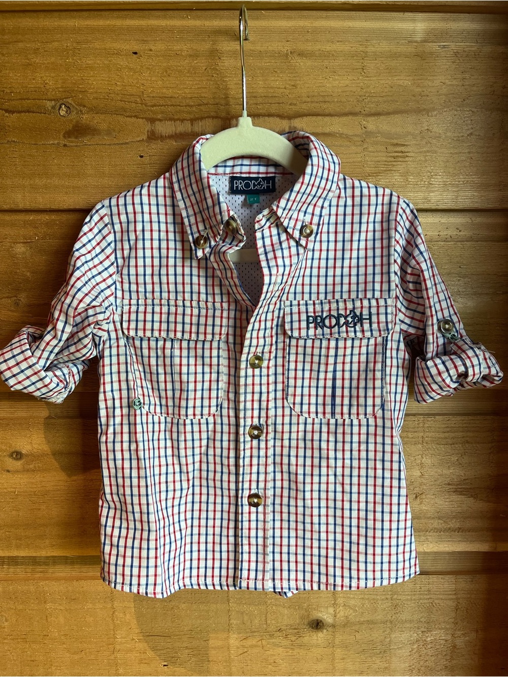 PRODOH - Toddler Boys' Red, White and Blue Plaid Button-Up Fishing Style Shirt